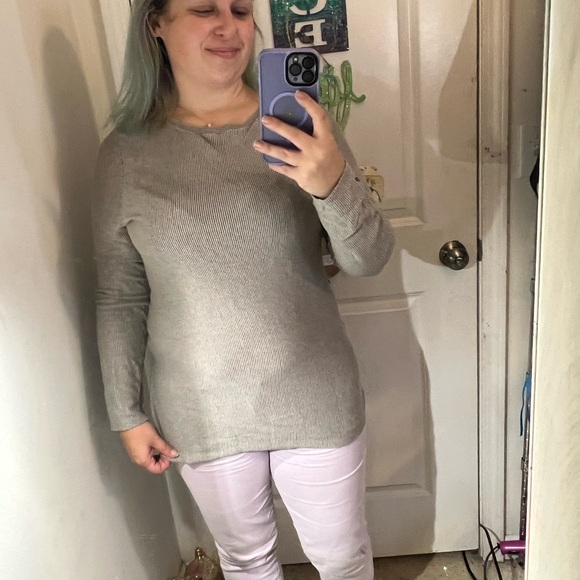 PURE JILL J TIE BACK LONG SUBTLE STRIPE TOP LONG SLEEVE NEUTRAL TAN BROWN L - Picture 2 of 13